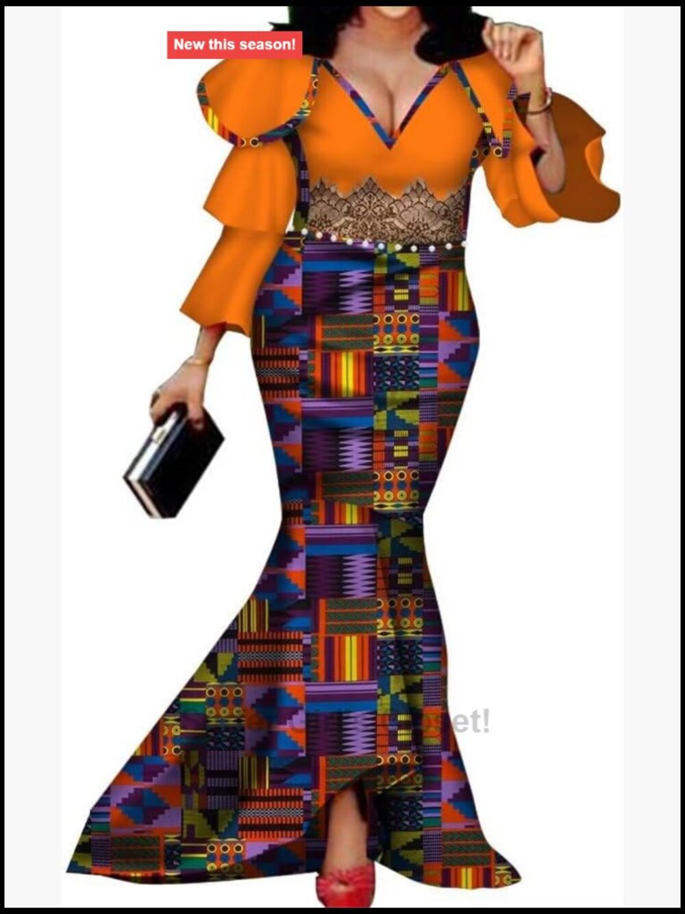 African Ankara Print Dashiki Party Dress Long Sleeve Mermaid V-Neck